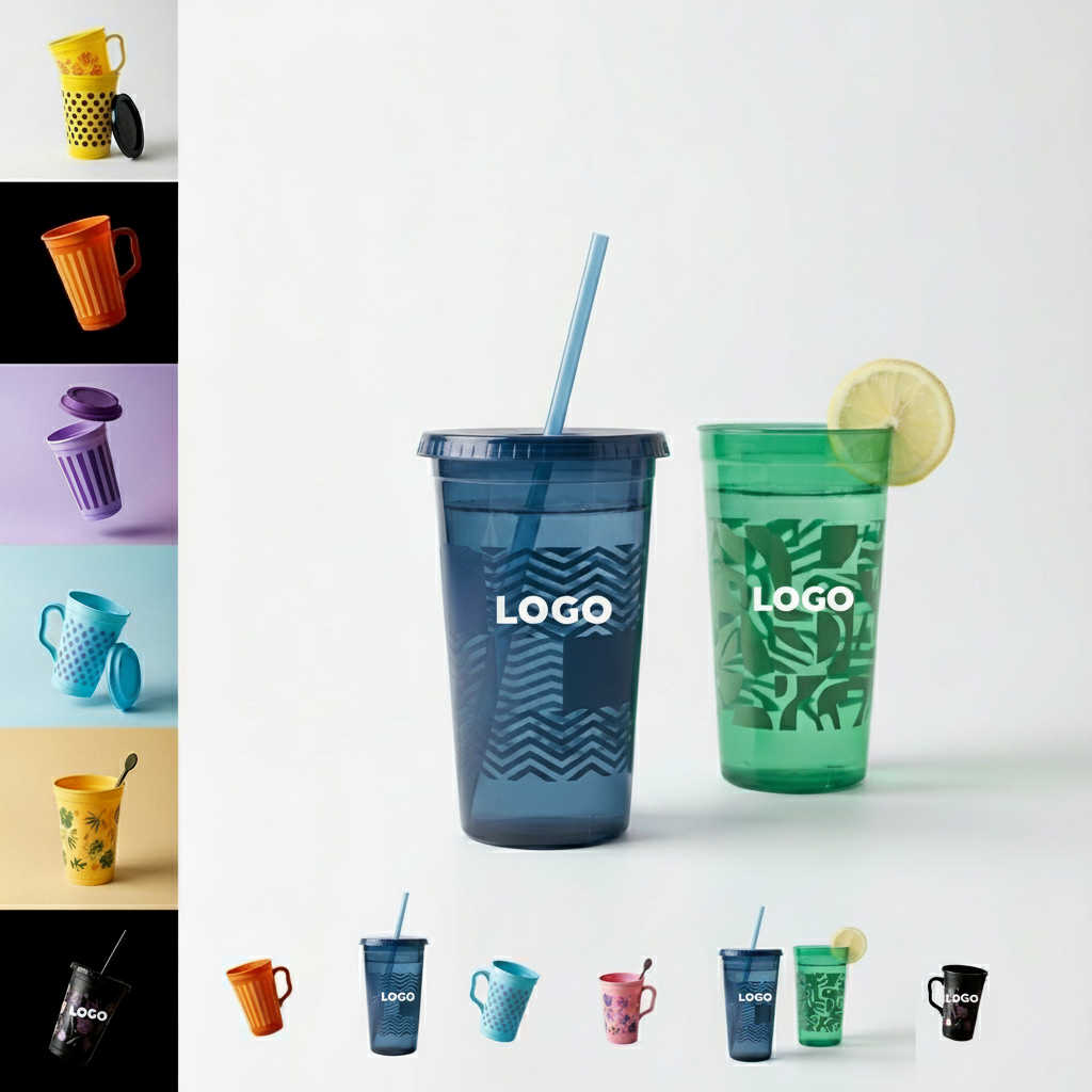 16 oz Reusable Plastic Tumbler with Straw & Design