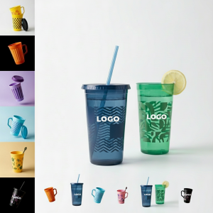 16 oz Reusable Plastic Tumbler with Straw & Design